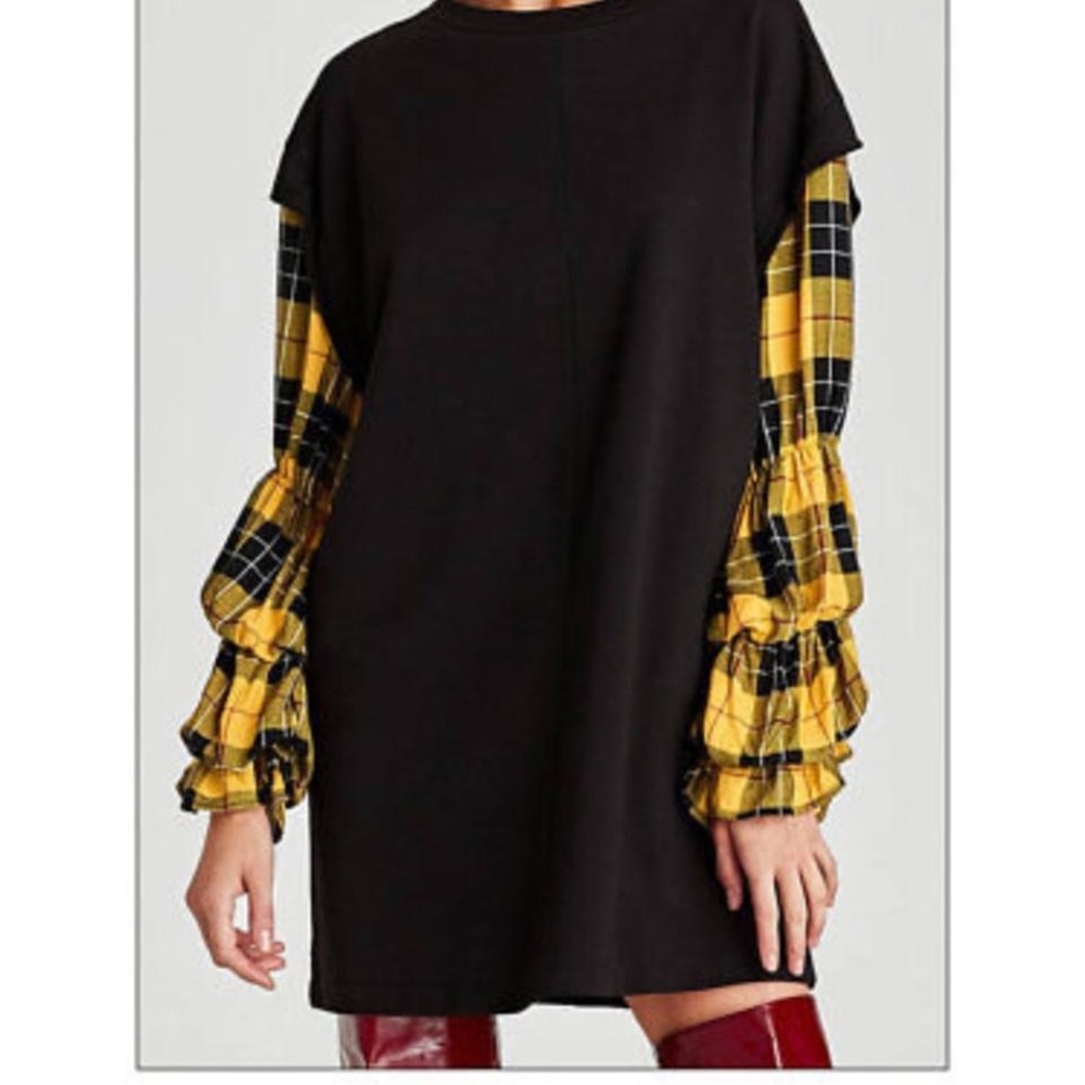 Zara Yellow Plaid Sleeve Black Dress Tunic size medium women’s